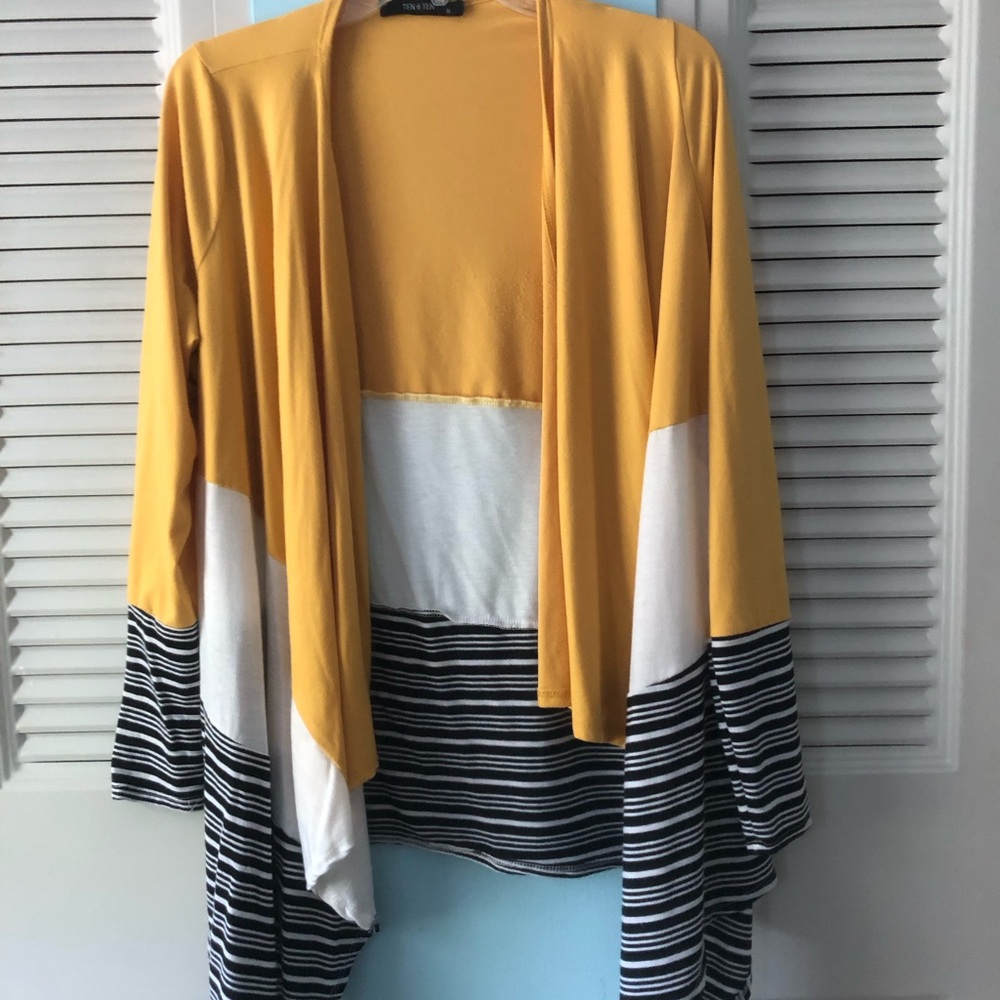 Ten6Ten yellow/white/blue knit cardigan with cascading front. Very versatile.